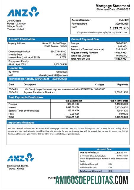 realista Modelo Word e PDF de extrato de hipoteca do banco Kiribati ANZ